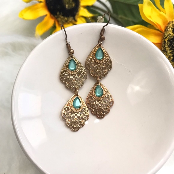 Tear Drop Gold Tone Dangle Earrings - Picture 3 of 7